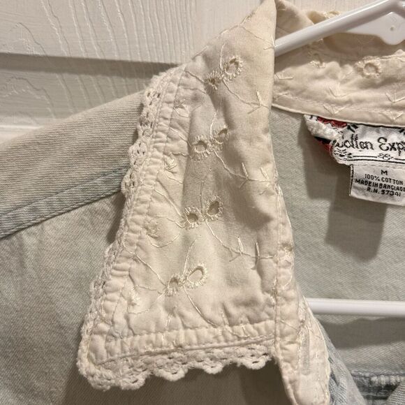 VTG Cotton‎ Express Sleeveless Button Down Denim Shirt Women Medium White Lace - Picture 4 of 7